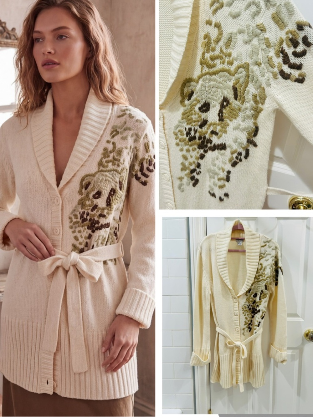 Vintage 90s Together Ivory Chunky Wool Bear Embroidered Cardigan Shawl Collar L